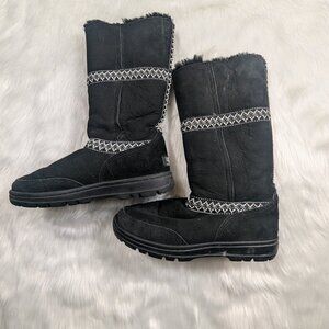 Ugg Women's Boots Size 7 Sundance Revival Black Suede Tall Sheepskin Lined Braid